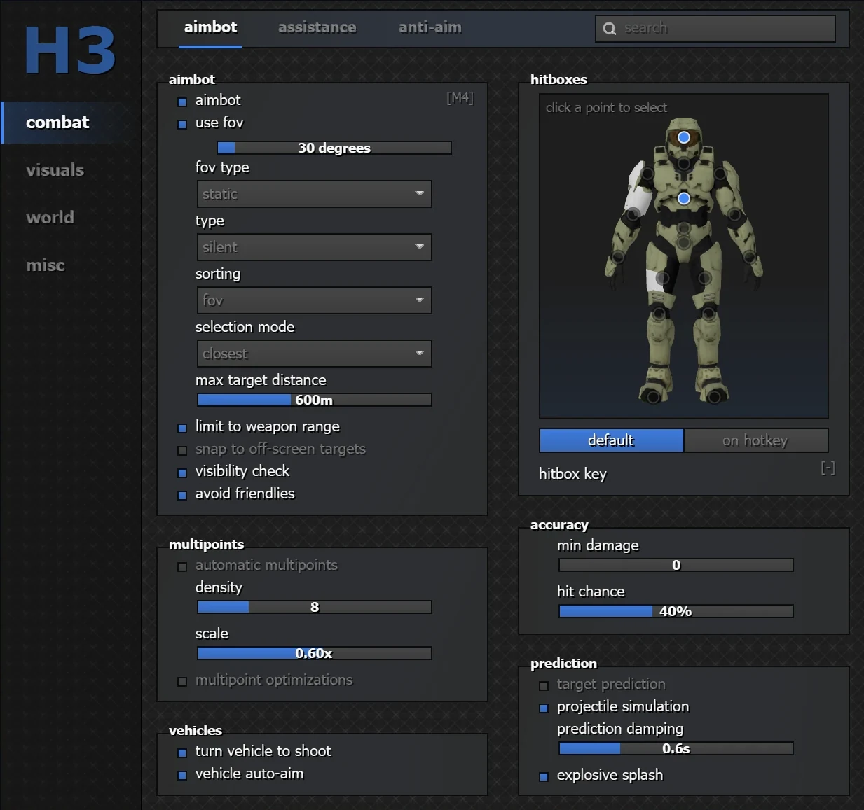 The onlychams Halo 3 menu, combat page: aimbot, hitbox picker, accuracy and prediction groups